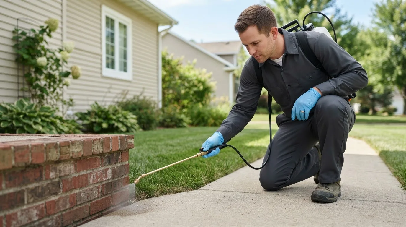 Pest control technician treating a home near Weidman, MI